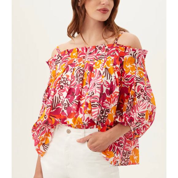 $298 TRINA TURK Salma off-the-shoulder Balloon Blouse | Sz L Orange Pink Floral - Picture 3 of 6